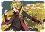  blonde_hair cosplay grin hair_over_one_eye kashuu_kiyomitsu kashuu_kiyomitsu_(cosplay) katana kikumon long_hair male_focus nail_polish ponytail red_nails red_scarf saku_anna scarf seigaiha shishiou smile solo sword touken_ranbu translated weapon yellow_eyes 