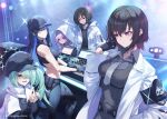  5girls armband atsuko_(blue_archive) bare_shoulders black_armband black_hair blue_archive blue_hair breasts closed_mouth coat dj fukai_ryosuke green_hair hair_between_eyes hair_over_one_eye halo hand_up highres hiyori_(blue_archive) hood hood_down hood_up lab_coat long_sleeves misaki_(blue_archive) miyo_(blue_archive) multiple_girls necktie nervous_smile official_art open_clothes open_coat open_mouth purple_eyes purple_hair saori_(blue_archive) short_hair side_ponytail smile subaru_(blue_archive) white_coat 