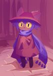  1other :3 androgynous animal_hat arm_at_side arm_up black_eyes brown_coat brown_hat cat_hat child coat colored_sclera commentary dot_nose full_body hat highres ja6m6 long_sleeves medium_hair niko_(oneshot) oneshot_(game) other_focus parted_lips purple_hair purple_scarf scarf shadow sleeves_past_fingers sleeves_past_wrists solo standing twitter_username yellow_sclera 