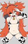 1girl absurdres ahoge animal_ears animal_print bare_shoulders bikini blush breasts commentary_request cow_ears cow_print cow_print_bikini eyepatch fake_animal_ears gloves hair_between_eyes hair_ornament highres koleda_belobog long_hair looking_at_viewer open_mouth print_bikini red_eyes red_hair solo sphere_hair_ornament swimsuit tooooooop twintails zenless_zone_zero 