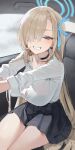  1girl absurdres asuna_(blue_archive) asuna_(school_uniform)_(blue_archive) asymmetrical_bangs black_choker black_skirt blonde_hair blue_archive blue_bow blue_eyes blue_halo blue_ribbon blush bow breasts car_interior car_seat choker commentary davo221020 dress_shirt grin hair_over_one_eye half-closed_eye halo highres large_breasts long_hair long_sleeves photo-referenced pleated_skirt ribbon school_uniform shirt sitting skirt sleeve_cuffs sleeves_rolled_up smile solo very_long_hair white_shirt 