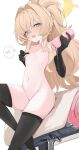  1girl absurdres artificial_vagina black_gloves black_thighhighs blonde_hair blue_archive blush breasts breeding_mount cleft_of_venus commentary_request elbow_gloves gloves green_eyes gu_meng_yin halo has_bad_revision has_censored_revision high_ponytail highres holding holding_sex_toy long_hair looking_at_viewer navel nipples nude open_mouth ponytail professor_niyaniya_(blue_archive) pussy sex_toy simple_background sitting small_breasts solo speech_bubble spoken_blush thighhighs uncensored wavy_hair white_background yellow_halo 