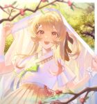  1girl ahoge berry blonde_hair blurry border bow branch brown_skirt commentary depth_of_field green_bow hair_ornament hair_ribbon highres hololive hololive_dev_is long_hair looking_at_viewer musical_note musical_note_hair_ornament one_side_up open_mouth otonose_kanade outdoors pink_eyes ribbon roha_(2r0ha1745) shirt short_sleeves skirt smile solo teeth upper_teeth_only virtual_youtuber white_border white_shirt 