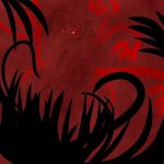  1other androgynous arms_behind_back bad_id bad_pixiv_id bare_shoulders collared_dress cowboy_shot diamond_print dress energy_wings flower grass high_collar image_sample jandare japanese_clothes len'en lineart looking_at_viewer open_mouth other_focus pixiv_sample print_dress red_background red_eyes red_theme shion_(len'en) short_hair smile solo triangular_headpiece 