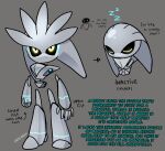  1boy caffstrink commentary english_commentary eve_(wall-e) furry furry_male hedgehog_boy highres mecha mechanization no_humans non-humanoid_robot reference_sheet robot robot_animal science_fiction silver_the_hedgehog sonic_(series) wall-e yellow_eyes 