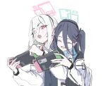  2girls :o absurdres aris_(blue_archive) black_hair blue_archive blue_halo blue_necktie commentary_request hair_between_eyes halo handheld_game_console highres hokori1207 holding holding_handheld_game_console jacket kei_(blue_archive) kei_(new_body)_(blue_archive) korean_commentary long_hair long_sleeves multiple_girls necktie one_side_up open_mouth pink_eyes pink_halo simple_background smile sweatdrop white_background white_hair 