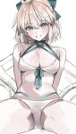  1girl absurdres ahoge bikini blonde_hair bow breasts commentary_request fate/grand_order fate_(series) grey_eyes hair_bow highres korean_commentary medium_breasts navel okchun okita_j._souji_(fate) okita_j._souji_(third_ascension)_(fate) okita_souji_(fate) sitting smile spread_legs swimsuit white_bikini 