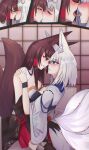  2girls absurdres akagi_(azur_lane) animal_ears azur_lane black_thighhighs blue_eyes blush breasts brown_hair closed_eyes couch fox_ears fox_tail french_kiss gloves haori highres incest japanese_clothes kaga_(azur_lane) kiss kitsune looking_at_another makeup miczal multiple_girls multiple_tails red_eyes red_skirt saliva saliva_trail siblings simple_background sisters skirt tail thighhighs white_hair wristband yuri 