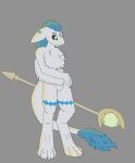  absurd_res ambiguous_gender anthro blue_hair feathered_arms fluffy fluffy_chest forehead_jewelry fur gev_ai hair hi_res hybrid kemono long_hair nuaros_(gev_ai) nude sad simple_background solo staff standing tail_brush white_body white_eyes white_fur 