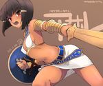  armlet assal_(sennen_sensou_aigis) black_hair bob_cut bracelet breasts brown_background dark_skin dated egyptian fujii_jun hair_ornament hairclip jewelry navel open_mouth red_eyes sennen_sensou_aigis shield short_hair small_breasts sword weapon 