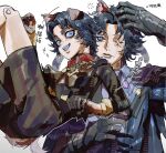  2boys animal_ears bandaid_on_eye black_gloves blue_eyes blue_hair cat_ears collar crossed_bandaids dog_ears face_piercing fang gloves grin hair_intakes highres identity_v lip_piercing looking_at_viewer louis_(identity_v) male_focus matthias_czernin matthias_czernin_(striding_between_realms) multiple_boys official_alternate_costume one_eye_closed piercing red_collar shorts shu0718 smile striped_clothes striped_shorts translation_request wavy_hair 