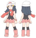  1girl beachepisode beanie blue_eyes blue_hair boots commentary dawn_(pokemon) english_commentary from_behind full_body hat highres long_hair looking_at_viewer multiple_views pokemon red_scarf scarf simple_background skirt standing thighhighs white_background 