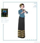  1girl 2023 black_hair black_skirt blue_eyes blue_shirt braid chinese_commentary chinese_text commentary_request crown_braid dai_clothes earrings eborel facial_mark flower forehead_mark full_body hair_flower hair_ornament hands_up highres jewelry long_skirt original photo-referenced photo_inset pink_flower red_lips reference_inset shirt short_hair skirt solo standing watermark weibo_watermark white_background 