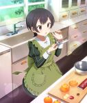  1girl :o apron baking banana banana_slice black_hair blush bowl candy chocolate chocolate_bar cutting_board day diffraction_spikes dot_nose dress faucet food fruit game_cg glint grass green_apron green_dress hands_up heijou_institute_school_uniform holding holding_knife indoors kitchen kitchen_knife knife lens_flare long_sleeves niwa_tsutomu official_art orange_(fruit) purple_eyes reflective_floor sailor_collar school_uniform shelf sink solo strawberry sunlight third-party_source toji_no_miko toji_no_miko:_kizamishi_issen_no_tomoshibi tree white_sailor_collar window 