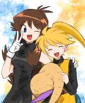  2girls ;d arm_around_shoulder black_dress black_shirt blue_eyes brown_hair commentary_request dress facing_viewer gloves green_(pokemon) hat highres holding holding_unworn_clothes holding_unworn_hat hsym_2323 long_hair long_sleeves looking_at_viewer multiple_girls one_eye_closed pokemon pokemon_adventures ponytail shirt simple_background sleeveless sleeveless_dress smile teeth tunic twitter_username unworn_hat unworn_headwear upper_teeth_only v white_gloves yellow_(pokemon) yellow_tunic 