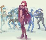  4boys blue_hair bodysuit cu_chulainn_(fate/grand_order) fate/extra fate/extra_ccc fate/grand_order fate/hollow_ataraxia fate/kaleid_liner_prisma_illya fate/stay_night fate_(series) finger_to_mouth gae_bolg hand_on_hip high_heels lance lancer long_hair multiple_boys multiple_persona polearm ponytail purple_bodysuit purple_hair scathach_(fate)_(all) scathach_(fate/grand_order) staff thinking very_long_hair weapon werewolf 