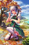  ankle_ribbon autumn_leaves blue_sky bow bridge cloud day expressionless flower hair_ribbon hand_up high_heels highres horizon katana konpaku_youmu konpaku_youmu_(ghost) leaf leg_ribbon looking_at_viewer mole mole_under_eye mountain one_knee outdoors pink_eyes polskash puffy_short_sleeves puffy_sleeves ribbon road scenery shoe_bow shoes shore short_hair short_sleeves silver_hair skirt skirt_set sky solo sword thighhighs touhou tree water weapon white_legwear 