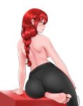  1girl absurdres ass barefoot breasts chainsaw_man commentary english_commentary feet fraankyy from_behind highres large_breasts long_hair looking_at_viewer looking_back makima_(chainsaw_man) orange_eyes pants patreon_username red_hair shirt sidelocks sitting smile soles solo tight_clothes tight_pants toes topless_female wide_hips 