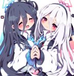  2girls :d ^_^ aris_(blue_archive) black_hair blue_archive blue_halo blue_necktie blush closed_eyes closed_mouth commentary_request dangomushi hair_between_eyes halo heart jacket kei_(blue_archive) kei_(new_body)_(blue_archive) long_hair looking_at_viewer multiple_girls necktie open_mouth pink_halo red_eyes smile spoken_heart tears very_long_hair white_hair white_jacket 