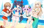  artist_request beach bikini blanc blue_eyes breasts brown_hair cleavage cloud day front-tie_top hair_ornament hair_ribbon halter_top halterneck hand_on_hip miniskirt multiple_girls navel neptune_(choujigen_game_neptune) neptune_(series) noire ocean open_mouth outdoors purple_eyes purple_hair ribbon sarong see-through short_hair skirt sky skyline small_breasts smile source_request swimsuit twintails vert 