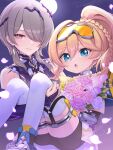  2girls :o absurdres aged_down ass black_shorts blonde_hair blue_eyes bouquet brown_hair carrying commentary_request dress durandal_(honkai_impact) durandal_(reign_solaris)_(honkai_impact) falling_petals full_body goggles goggles_on_head highres holding holding_bouquet honkai_(series) honkai_impact_3rd long_hair multiple_girls night petals ponytail princess_carry purple_dress purple_eyes rinna_(xxrinna) rita_rossweisse rita_rossweisse_(miss_espionage) short_hair shorts smile thighhighs thighs white_thighhighs yuri 