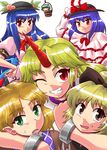  arm_around_neck blonde_hair blue_hair bow brown_eyes bucket chibi cuffs fang food frills fruit green_eyes green_hair grin hair_bobbles hair_bow hair_ornament hand_on_hip hat hat_bow hinanawi_tenshi horn hoshiguma_yuugi in_bucket in_container kisume kurodani_yamame long_hair long_sleeves looking_at_viewer mizuhashi_parsee multiple_girls nagae_iku one_eye_closed open_mouth peach pointy_ears puffy_short_sleeves puffy_sleeves purple_hair red_eyes ribbon sasuke_(sasuke_no_sato) shackles shawl short_hair short_sleeves smile sweat touhou twintails white_background 