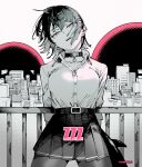  1girl against_railing arms_behind_back belt belt_buckle ben-day_dots buckle building choker cityscape collared_shirt commentary copyright_name cowboy_shot dated_commentary ear_piercing ellen_joe ellen_joe_(on_campus) fins fish_tail halftone hatching_(texture) head_tilt highres leaning_back linear_hatching looking_at_viewer mole mole_under_eye monochrome official_alternate_costume otimusyairoha pantyhose parted_lips pendant_collar piercing pleated_skirt railing razor_blade_hair_ornament screentones shark_girl shark_tail sharp_teeth shirt shirt_tucked_in short_hair skirt solo spot_color tail teeth twitter_username zenless_zone_zero 