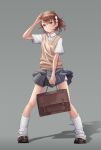  1girl absurdres brown_eyes brown_hair brown_shoes brown_sweater_vest closed_mouth collared_shirt commentary full_body grey_background grey_skirt hair_ornament hairpin highres loafers looking_at_viewer loose_socks miniskirt misaka_mikoto ness_(gyjn8442) pleated_skirt school_uniform shirt shoes short_hair short_sleeves skirt smile socks solo summer_uniform sweater_vest toaru_kagaku_no_railgun toaru_majutsu_no_index tokiwadai_school_uniform v-neck white_shirt white_socks 