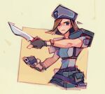  1girl artist_name beret black_gloves blue_eyes blue_hat blue_shirt brown_hair combat_knife commentary english_commentary fingerless_gloves gloves gun handgun hat holding holding_gun holding_weapon jill_valentine knife michaelfirman resident_evil resident_evil_1 shirt shoulder_pads weapon 