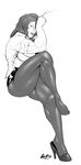  borrowed_character breasts buru cigarette crossed_legs greyscale hair_over_one_eye high_heels highres large_breasts lips miniskirt monochrome muscle muscular_female nose open_clothes open_shirt original pantyhose shirt shoe_dangle shoes single_shoe sitting skirt sleeves_rolled_up smoking solo thick_thighs thighs 