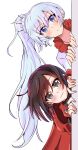  2girls absurdres bakuma blue_eyes blush cape closed_mouth commentary_request earrings grey_eyes hair_between_eyes high_side_ponytail highres hood hooded_cape jewelry long_hair looking_at_viewer multiple_girls peeking_out red_cape red_hood ruby_rose rwby scar scar_across_eye scar_on_face short_hair simple_background very_long_hair weiss_schnee white_background white_hair 