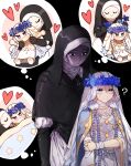  ? black_background black_capelet black_gloves black_hood blue_eyes braid capelet choker coif doll_joints donar0217 elbow_gloves elden_ring elden_ring_nightreign flower_wreath gloves head_wreath heart hug jewelry joints kiss korean_commentary low_twin_braids necklace nun revenant_(elden_ring) speech_bubble spoken_heart sweatdrop thought_bubble twin_braids under_covers undertaker_(elden_ring) veil white_choker white_coif white_veil 