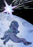  2boys ahoge aotsuki_eito astronaut black_shoes black_streaks blue_eyes closed_eyes commentary from_above grey_hair grey_jacket helmet highres hood hooded_jacket jacket looking_up lying male_focus moon multicolored_hair multiple_boys on_moon on_side pants pocket red_hair shoes shooting_star short_hair sitting space_helmet spacesuit streaked_hair sumino_takumi t_zz21950 the_hundred_line_-last_defense_academy- two-tone_hair white_jacket white_pants 