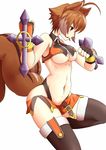  absurdres animal_ears antenna_hair bare_shoulders black_panties blazblue breasts brown_eyes brown_hair clenched_hands crop_top dual_wielding fingerless_gloves gloves highleg highleg_panties highres holding large_breasts lowleg_skirt makoto_nanaya microskirt orange_skirt panties short_hair side_slit skirt solo squirrel_ears squirrel_tail tail tarou_(bibunsiman) thighhighs tonfa underboob underwear weapon 