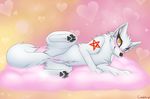  2015 anus blush candyfoxy canine female feral fur heterochromia lying mammal on_side pussy solo spread_legs spreading star tattoo white_fur wolf 