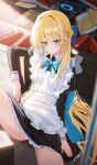  1girl absurdres apron black_dress blonde_hair blue_archive blue_bow blue_eyes blue_halo blush book bow commentary dress halo highres long_hair long_sleeves looking_at_viewer maid maid_apron maid_headdress object_on_head puffy_sleeves solo sweatdrop sweetcho toki_(blue_archive) 