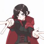  1girl black_dress black_eyes black_hair cloak closed_mouth commentary cross-laced_clothes cross-laced_dress dot_mouth double_v dress hood hood_down hooded_cloak looking_at_viewer omisoshirutan red_cloak ruby_rose rwby short_hair simple_background solo v white_background 