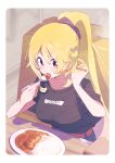  1girl :o black_shirt blonde_hair blush border breasts commentary_request curry curry_rice eating food hair_between_eyes hands_up highres holding holding_spoon large_breasts long_hair magia_record:_mahou_shoujo_madoka_magica_gaiden mahou_shoujo_madoka_magica open_mouth plate ponytail red_eyes rice serizawa_serizane shirt short_sleeves sitting solo spoon togame_momoko upper_body watermark white_border 