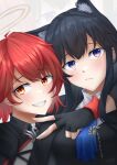  2girls :d absurdres animal_ear_piercing animal_ears arknights arm_around_neck black_gloves black_hair bolo_tie closed_mouth commentary english_commentary exusiai_(arknights) fingerless_gloves gloves grey_halo grin halo heads_together highres long_hair looking_at_viewer melonnkotak multiple_girls orange_eyes portrait purple_eyes red_hair short_hair smile texas_(arknights) traditional_halo unamused wolf_ears wolf_girl zoom_layer 