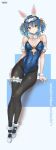  1girl absurdres alternate_costume animal_ear_fluff animal_ears blue_hair blue_leotard character_name commentary covered_navel detached_sleeves full_body fur-trimmed_wrist_cuffs fur_scarf goggles goggles_on_head highleg highleg_leotard highres hikimayu hololive lancercomet leotard looking_at_viewer pantyhose playboy_bunny puffy_detached_sleeves puffy_sleeves rabbit_ears rabbit_girl short_eyebrows short_twintails smile solo strapless strapless_leotard twintails usada_pekora virtual_youtuber wrist_cuffs 