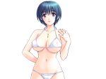  bikini blue_hair blush breasts game_cg izawa_ritsuko jewelry kuroda_akimi large_breasts looking_at_viewer micro_bikini navel necklace non-web_source official_art pixie_cut purple_eyes ring short_hair swimsuit tsuma_shibori tsumamigui_(series) underboob wedding_ring white_bikini 