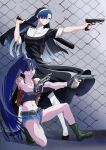  2girls ado_(utaite) ahoge artist_collaboration baseball_cap belt black_belt black_dress black_gloves black_lagoon black_tank_top blue_eyes blue_hair blue_shorts chain-link_fence commentary_request cosplay dress earrings eda_(black_lagoon) eda_(black_lagoon)_(cosplay) fence finger_on_trigger fingerless_gloves gloves gun hair_between_eyes hair_over_one_eye handgun hat highres holding holding_gun holding_weapon jewelry long_hair merry_(ado) midriff multiple_girls naima_(ado) nori_(norinori_yrl) nun nun_headdress pantyhose ponytail readymade_(ado) reji_4242 revy_(black_lagoon) revy_(black_lagoon)_(cosplay) short_sleeves shorts tank_top usseewa weapon white_pantyhose 