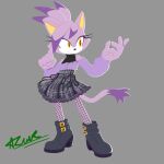  1girl absurdres animal_ears artist_name asuraraver black_shoes blaze_the_cat cardigan cat_ears cat_girl cat_tail commentary english_commentary furry furry_female grey_background highres ponytail purple_cardigan shoes simple_background skirt smile sonic_(series) tail yellow_eyes 