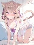  1girl absurdres ahoge all_fours animal_ear_fluff animal_ears babydoll bandaid bandaid_on_arm bandaid_on_leg bare_shoulders barefoot blunt_bangs blush bow breasts brown_hair cat_ears cat_girl cat_tail closed_mouth commentary commission full_body hair_bow hair_intakes hair_ribbon highres indie_virtual_youtuber looking_at_viewer medium_hair meluna_iloli multicolored_hair nose_blush pink_streaks purple_eyes purple_ribbon ribbon short_shorts shorts skeb_commission small_breasts smile snow-yuuki solo streaked_hair tail virtual_youtuber white_babydoll white_bow white_shorts 