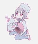  1girl black_shirt blush bread chef_hat danganronpa_(series) danganronpa_2:_goodbye_despair dress_shirt food hair_ornament hashtag-only_commentary hat highres kuma_(id7dug) long_sleeves medium_hair nanami_chiaki pants pink_eyes shirt shoes simple_background solo teardrop triangle_mouth usami_(danganronpa) white_background white_shirt 