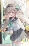  1girl absurdres bag black_bow black_hairband blue_eyes blush bow breasts buttons commentary double-breasted firefly_(honkai:_star_rail) gradient_hair grey_hair grey_sailor_collar grey_skirt hair_bow hairband highres holding holding_bag holding_umbrella honkai:_star_rail honkai_(series) ion_(on01e) long_hair long_sleeves looking_at_viewer medium_breasts multicolored_eyes multicolored_hair official_alternate_costume open_mouth pink_eyes revision sailor_collar school_bag shirt skirt smile solo symbol-only_commentary thighhighs thighs two-tone_eyes umbrella white_shirt white_thighhighs white_umbrella 
