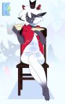  1girl absurdres animal_ears artist_logo cape chair commentary crown cult_of_the_lamb cup english_commentary full_body furry furry_female goat_ears goat_girl goat_horns highres holding holding_cup holding_saucer horns kittem4 logo looking_at_viewer navel on_chair red_cape red_crown_(cult_of_the_lamb) saucer sitting smile solo the_lamb_(cult_of_the_lamb) white_fur white_hair zoom_layer 