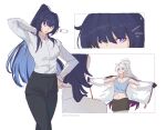  2girls ahoge battery_indicator blue_eyes colored_inner_hair commentary english_commentary gradient_hair high_ponytail highres honkai_(series) honkai_impact_3rd kiana_kaslana kiana_kaslana_(herrscher_of_finality) mscheckacheck multicolored_hair multiple_girls navel open_clothes outstretched_arms pants ponytail purple_eyes purple_hair raiden_mei raiden_mei_(herrscher_of_origin) shirt shorts spread_arms tank_top white_hair 