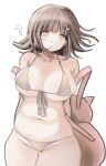  1girl ? animal_bag ass_visible_through_thighs bare_shoulders bikini breasts brown_bikini brown_eyes brown_hair cat_bag cleavage cowboy_shot danganronpa_(series) danganronpa_2:_goodbye_despair groin highres ikemen'na_ore-shi large_breasts medium_hair mole mole_on_breast nanami_chiaki navel pink_bag simple_background solo stomach swimsuit white_background 
