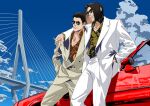  1980s_(style) 2boys arm_around_shoulder black_hair bob_cut bridge car chain_print cigarette cloud commentary_request hand_in_pocket highres holding holding_cigarette kiryu_kazuma male_focus motor_vehicle multiple_boys nicacu nishikiyama_akira parted_bangs pinstripe_pattern pinstripe_suit red_car retro_artstyle ryuu_ga_gotoku_(series) ryuu_ga_gotoku_0 shirt sky suit sunglasses suspension_bridge white_shirt 